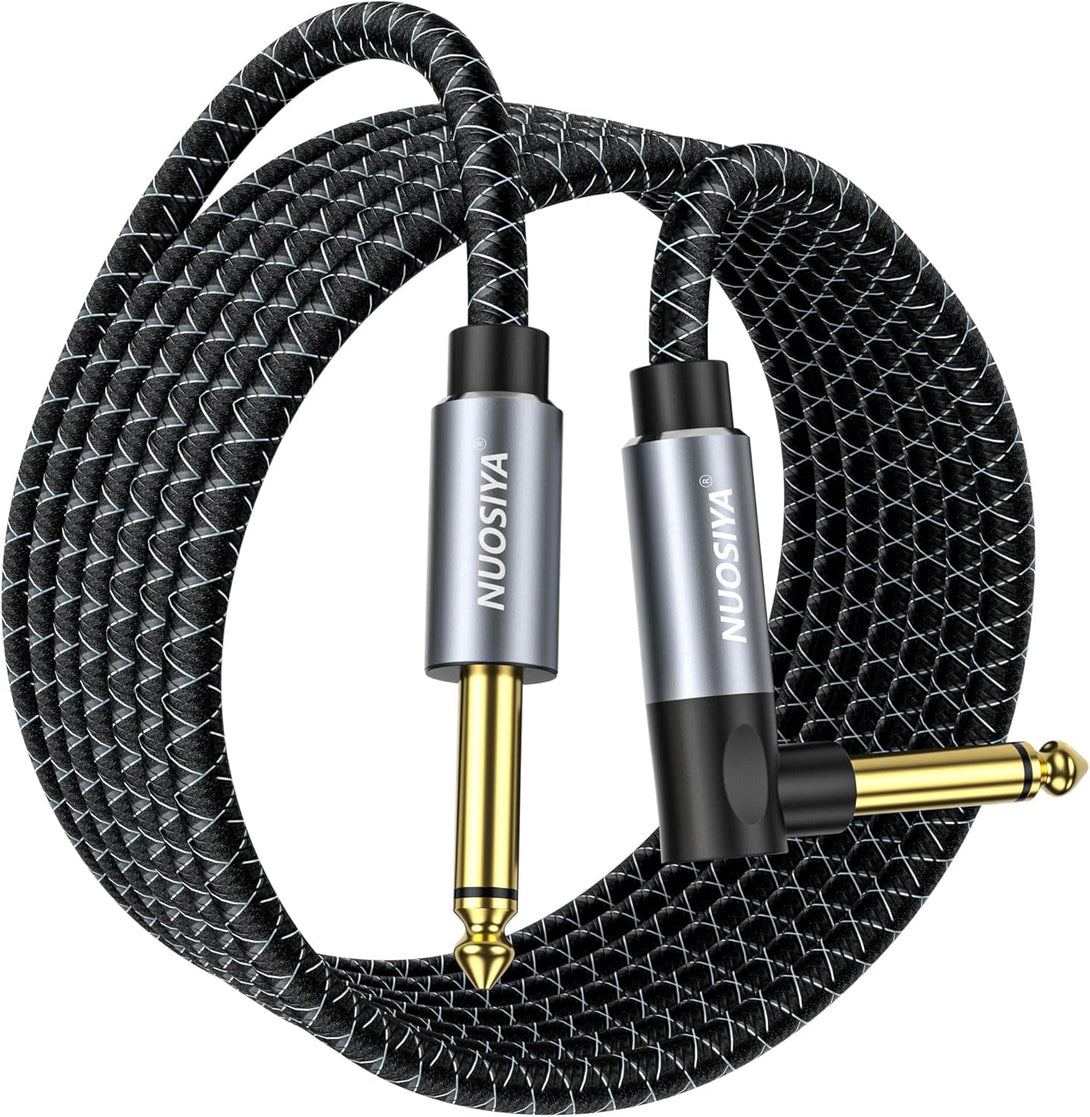 1/4 Inch TS Guitar Instrument Cable 10Ft Right Angle to Straight 6.35Mm Guitar Bass AMP Cord Braided,For Electric Guitar, Bass AMP, Keyboard, Mixer with 2 Covers (Braided Black White, 10FT)