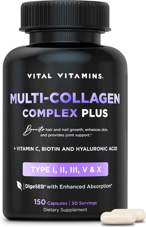 Vital Vitamins Multi Collagen Complex plus - with Biotin, Hyaluronic Acid, Vitamin C - Type I, II, III, V, X - for Women & Men - Hair, Skin, Nails Beauty Complex - 150 Capsules