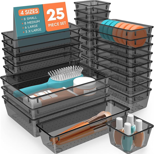 25 PCS Plastic Drawer Organizer Set, 4-Size Versatile Organizer Trays & Storage Bins for Makeup, Jewelry, and Gadgets in Bathroom, Bedroom and Office, Black