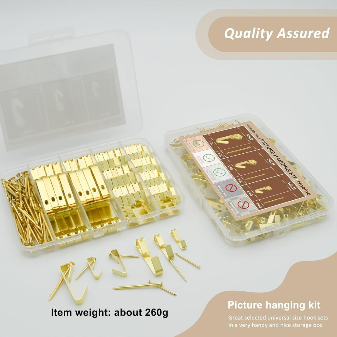 200 Pieces Picture Hangers, 3 Sizes Picture Hanging Kit Including 10Lb/30Lb/50Lb Picture Hanging Hooks, Heavy Duty Picture Hooks with Nails for Drywall Wooden Wall (Gold)