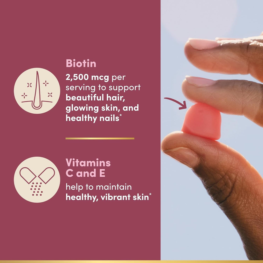 Nature'S Bounty Optimal Solutions Hair, Skin and Nails Pectin Gummies, 2500 Mcg Biotin per Serving, No Stick Gummy, Vegetarian Formula, Strawberry Flavor, 200 Count, 100 Total Servings