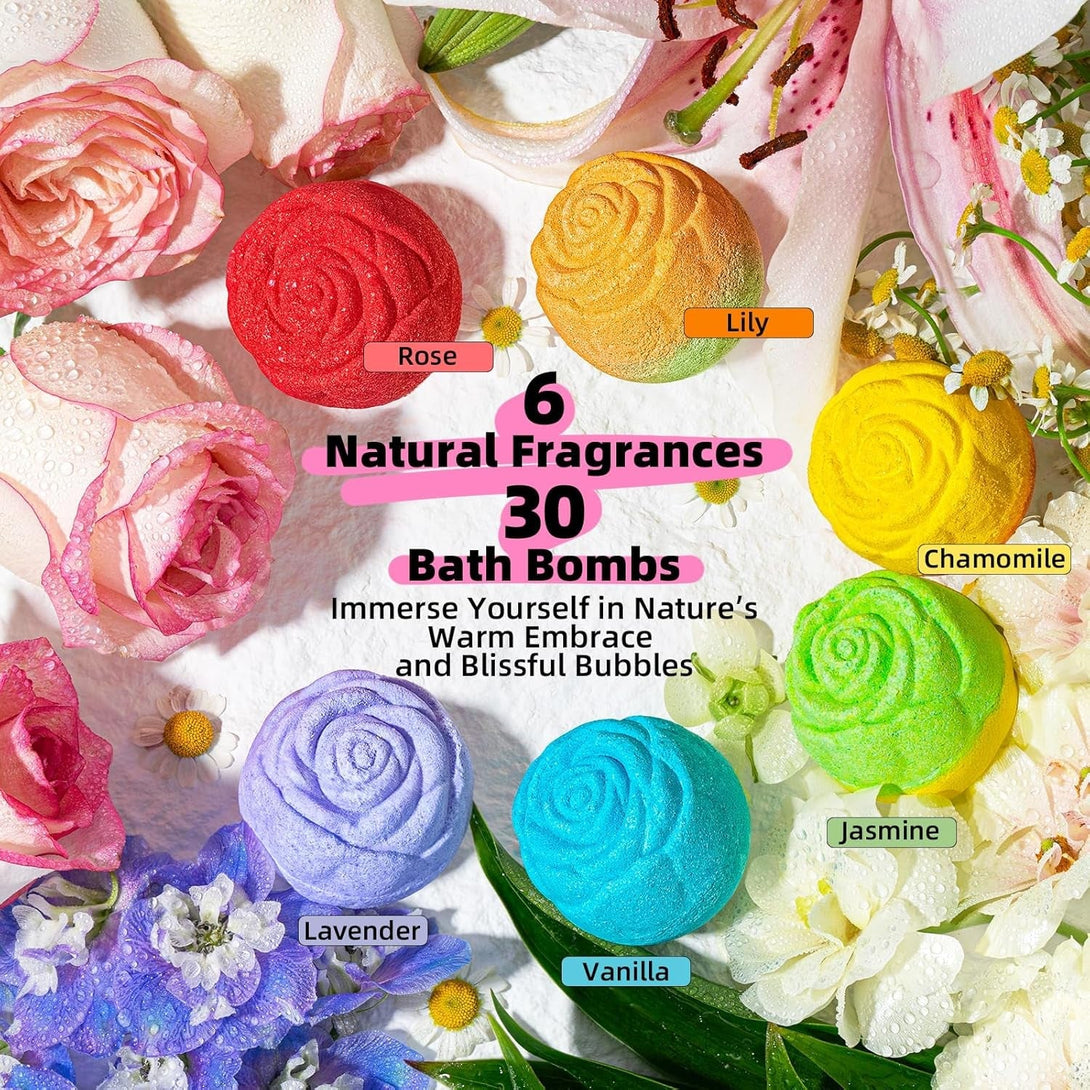 Mother'S Day Bath Bomb Gift Set – 30 Pack Rose-Shaped Bath Bombs with Natural Essential Oils, 6 Relaxing Scents, Handmade Spa Fizzies for Women, Men, Teens, and Kids, Perfect Self Care Birthday Gifts