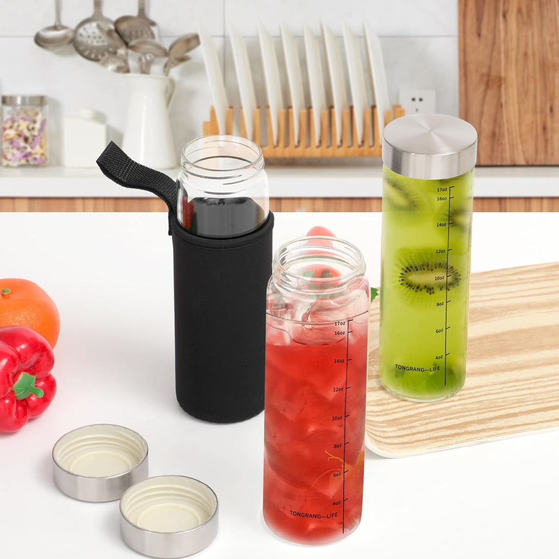 17Oz Glass Juice Bottles with Lids- 4 Pack Glass Shaker Bottles with Lid for Protein Mix,Juicing,Beverage,Water,Smoothies, Milk,Reusable Mason Jars,Water Bottle