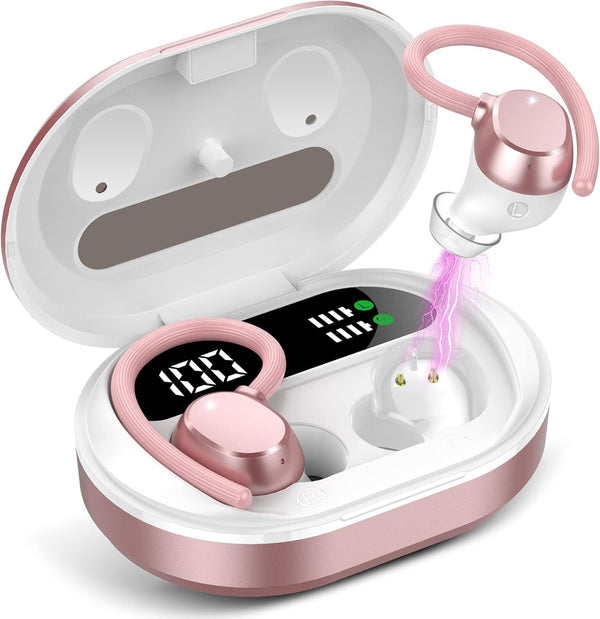 Ear Buds Wireless Earbuds, Hifi Stereo Bluetooth 5.3 Running Headphones with Dual LED Display 30Hrs Playtime, Built-In Mic, Type-C, In-Ear Bluetooth Earphones with Earhooks for Sport, Rose Gold