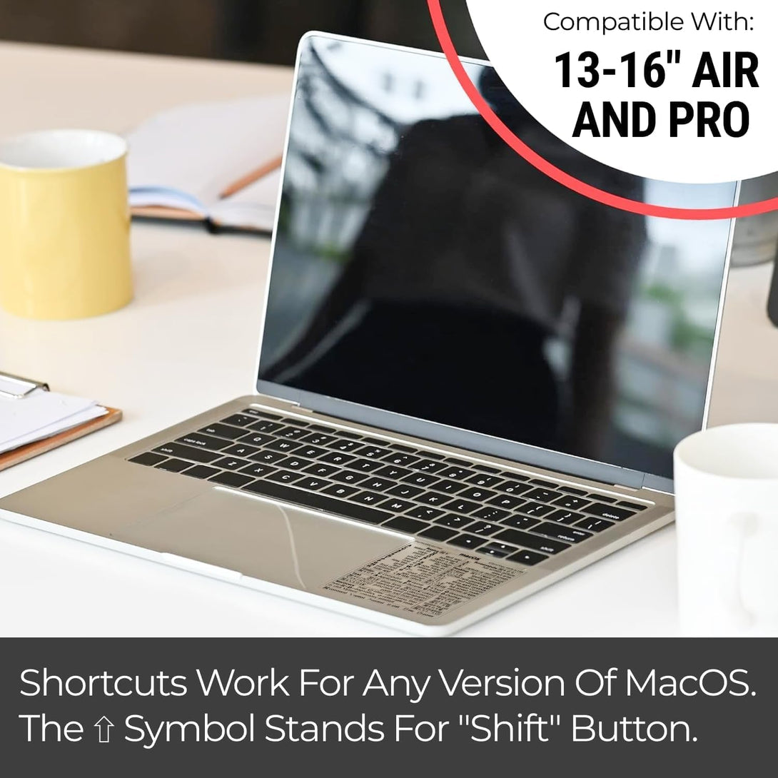 Synerlogic Mac OS Shortcuts Sticker | Keyboard Stickers for Macos | No-Residue Laminated Vinyl Macbook Cheatsheet for Laptop | Macbook Shortcuts 2025 (Clear/Black)