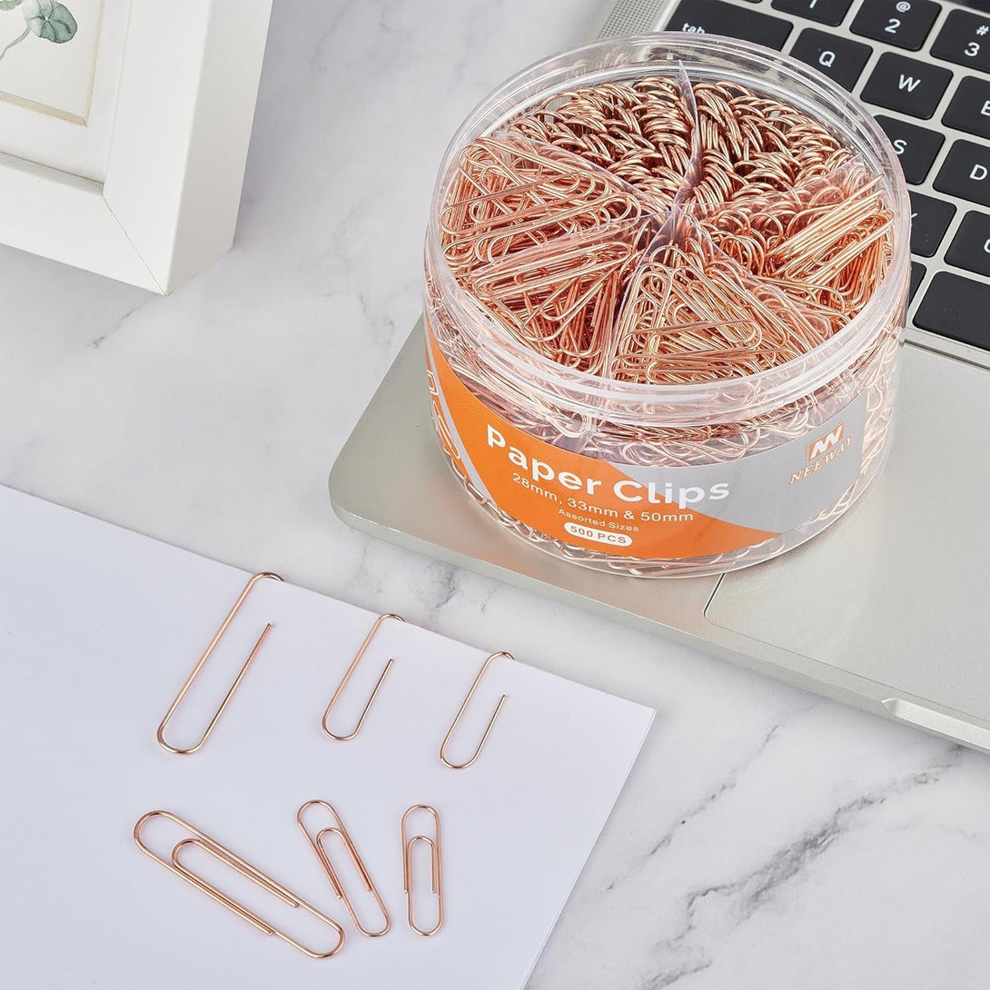 500Pcs Rose Gold Paper Clips Assorted Sizes Small, Medium and Large Paperclips for Paperwork Ideal for Home, School and Office Use