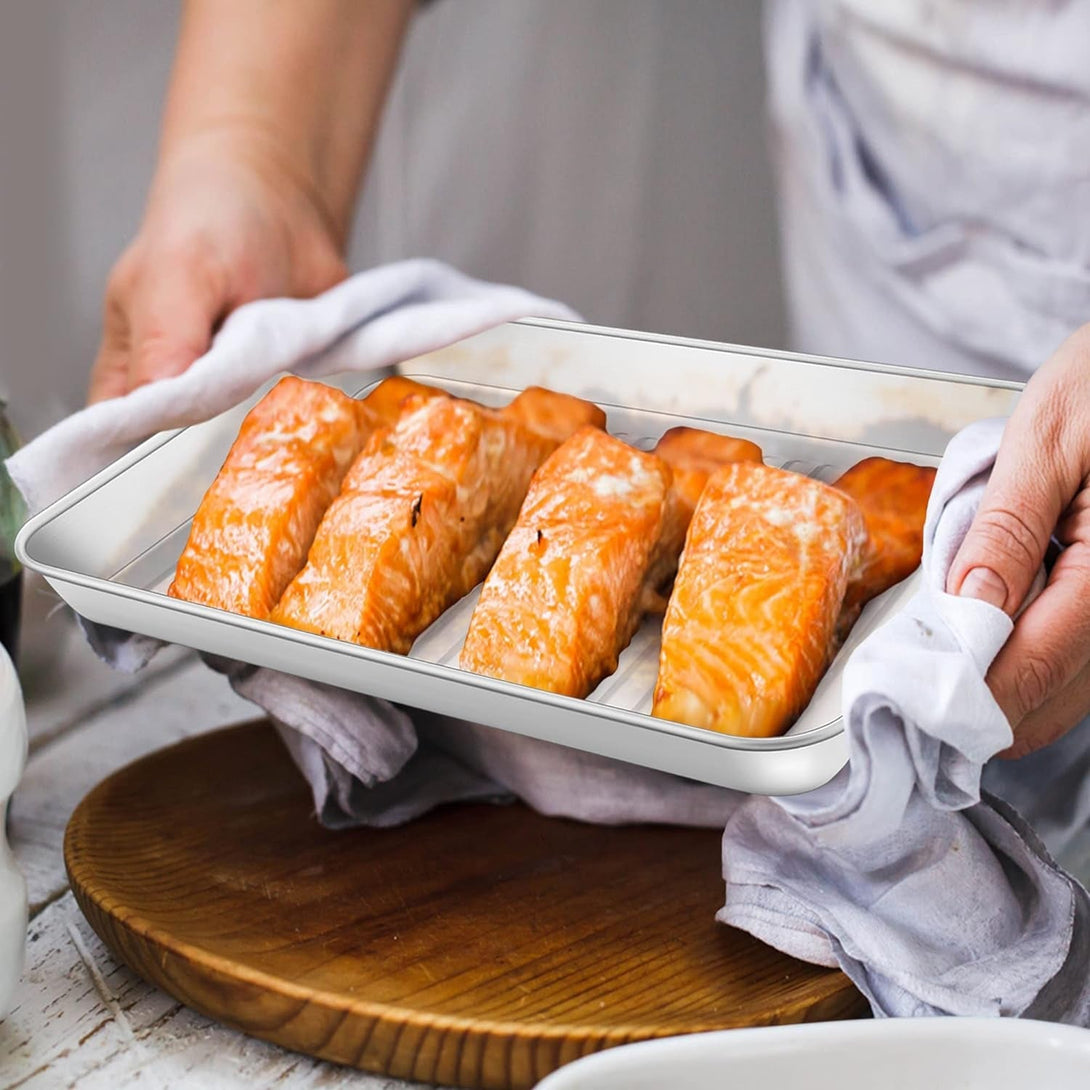 P&P CHEF Toaster Oven Pan with Wire Rack, Stainless Steel Baking Oven Sheet Tray, Bacon Pan and Cooling Rack for Cooking Roasting Cookie, Dishwasher Safe & Easy Clean, 10.5 X 8 X 1 Inch