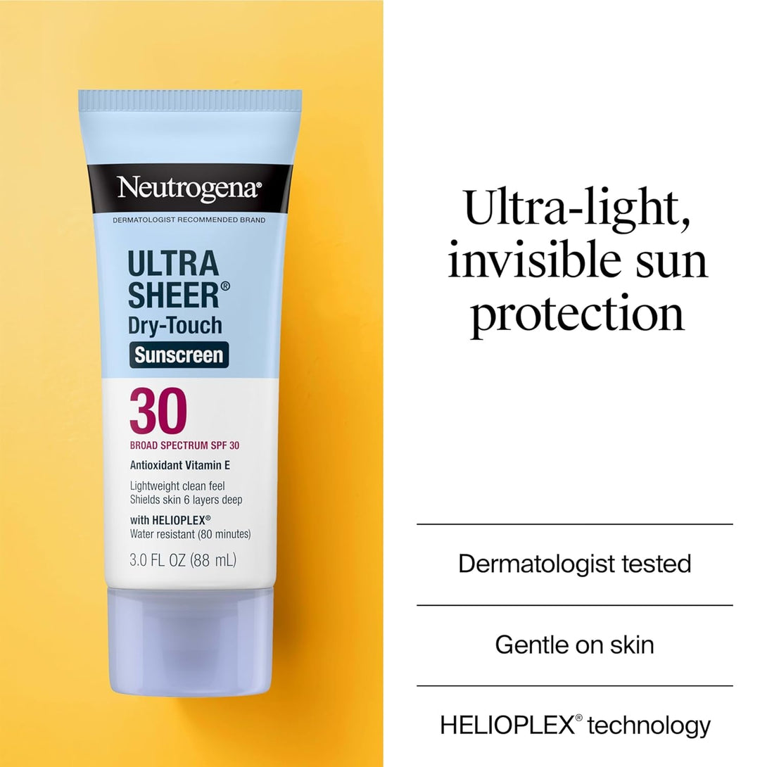 Neutrogena Ultra Sheer Dry-Touch Sunscreen for Face & Body, SPF 30 Broad Spectrum UVA/UVB Protection, Lightweight Water Resistant & Non-Greasy, Travel Size Sunscreen, 3 Fl. Oz