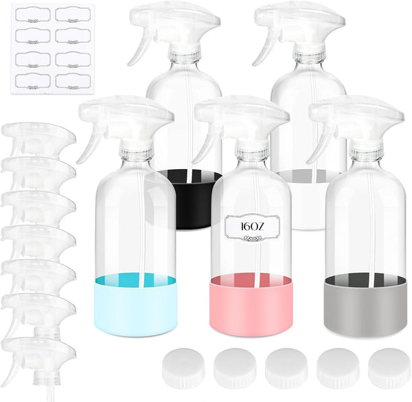 5 PACK/16 OZ Glass Spray Bottles with Upgraded Adjustable Spray Nozzle，Refillable Containers with Silicone Sleeve,Spray Bottle for Hair&Cleaning Solutions&Essential Oils-Pink Blue Gray Black White