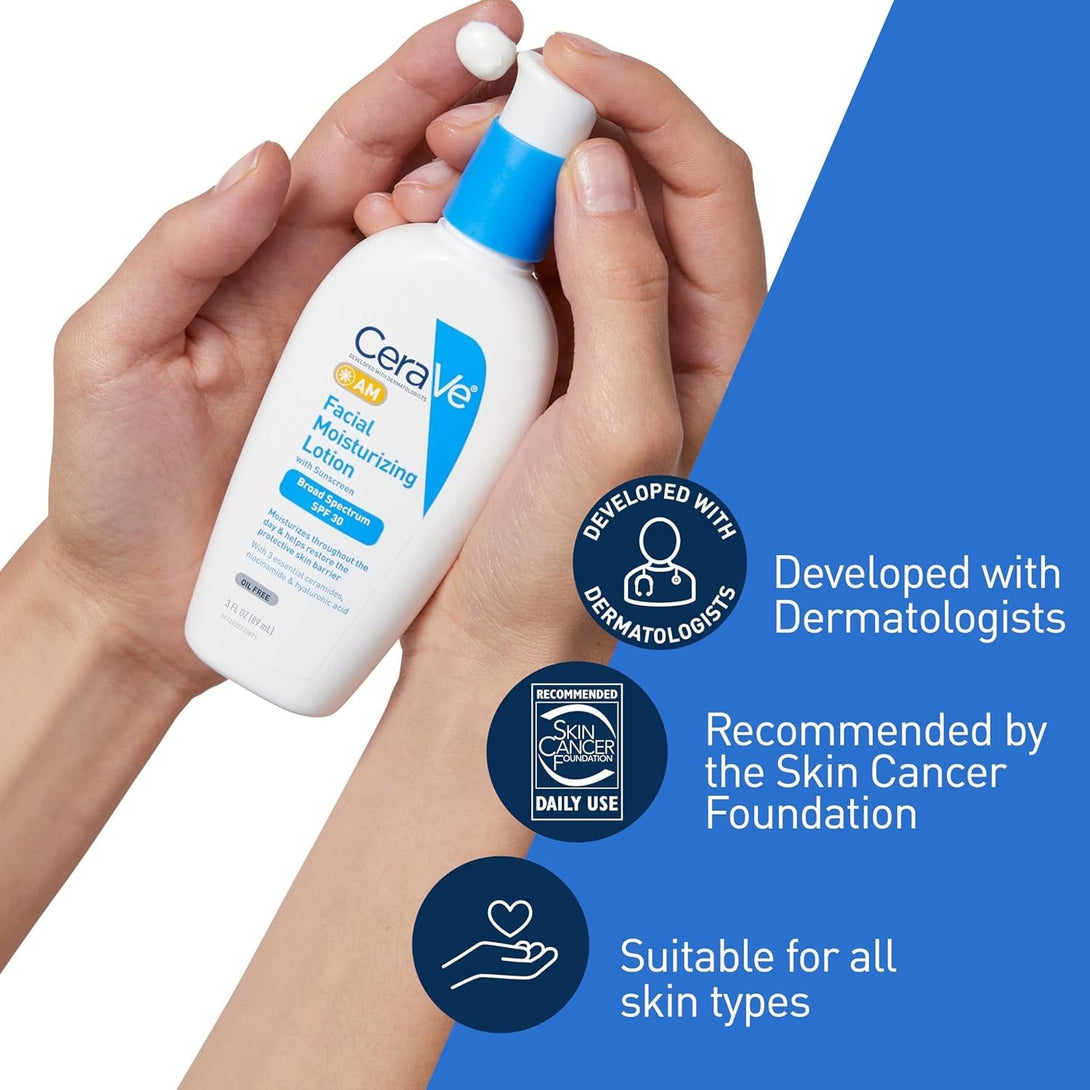 Cerave AM Facial Moisturizing Lotion with SPF 30, Oil-Free Face Moisturizer with SPF, Formulated with Hyaluronic Acid, Niacinamide & Ceramides, Non-Comedogenic, Broad Spectrum Sunscreen, 3 Ounce
