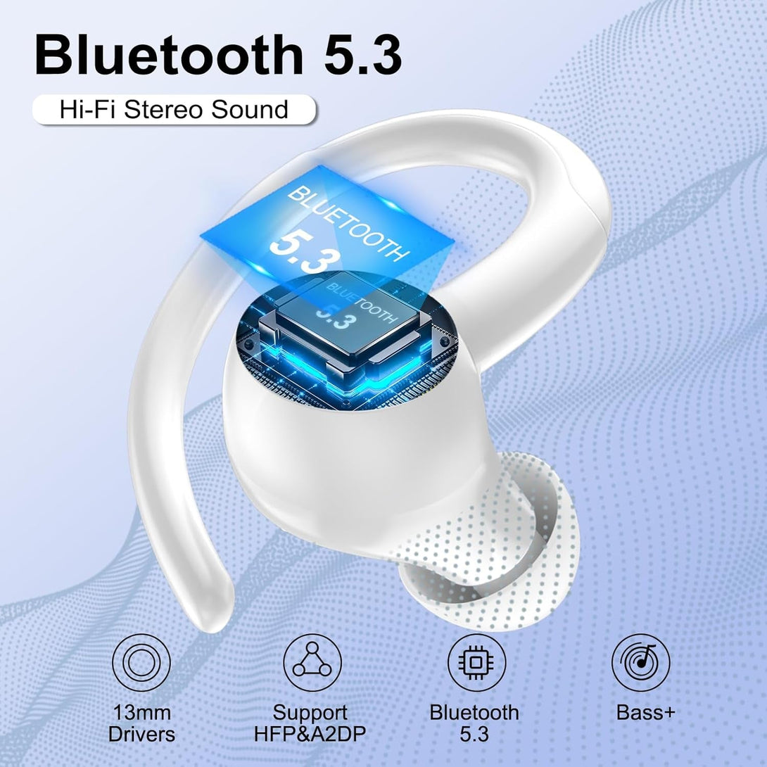 Headphones Wireless Earbuds Sport, Bluetooth 5.3 over Ear Buds Stereo Deep Bass Headset with Earhooks, 48H Wireless Earphones with HD Mic, IP7 Waterproof Earbud for Sports/Running/Workout White