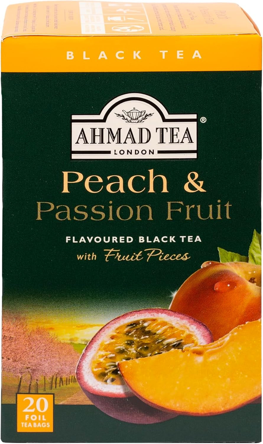 Ahmad Tea Black Tea, Peach and Passion Fruit Teabags, 20 Ct (Pack of 6) - Caffeinated and Sugar-Free