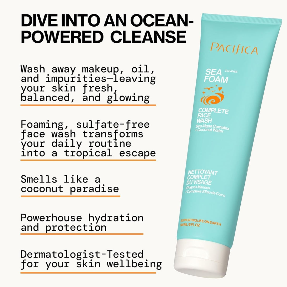Pacifica Beauty Sea Foam Face Cleanser, Daily Gentle Foaming Face Wash, with Coconut Water + Sea Algae Complex, Removes Makeup, for Combination and Oily Skin, Vegan and Cruelty Free, Clean Skin Care
