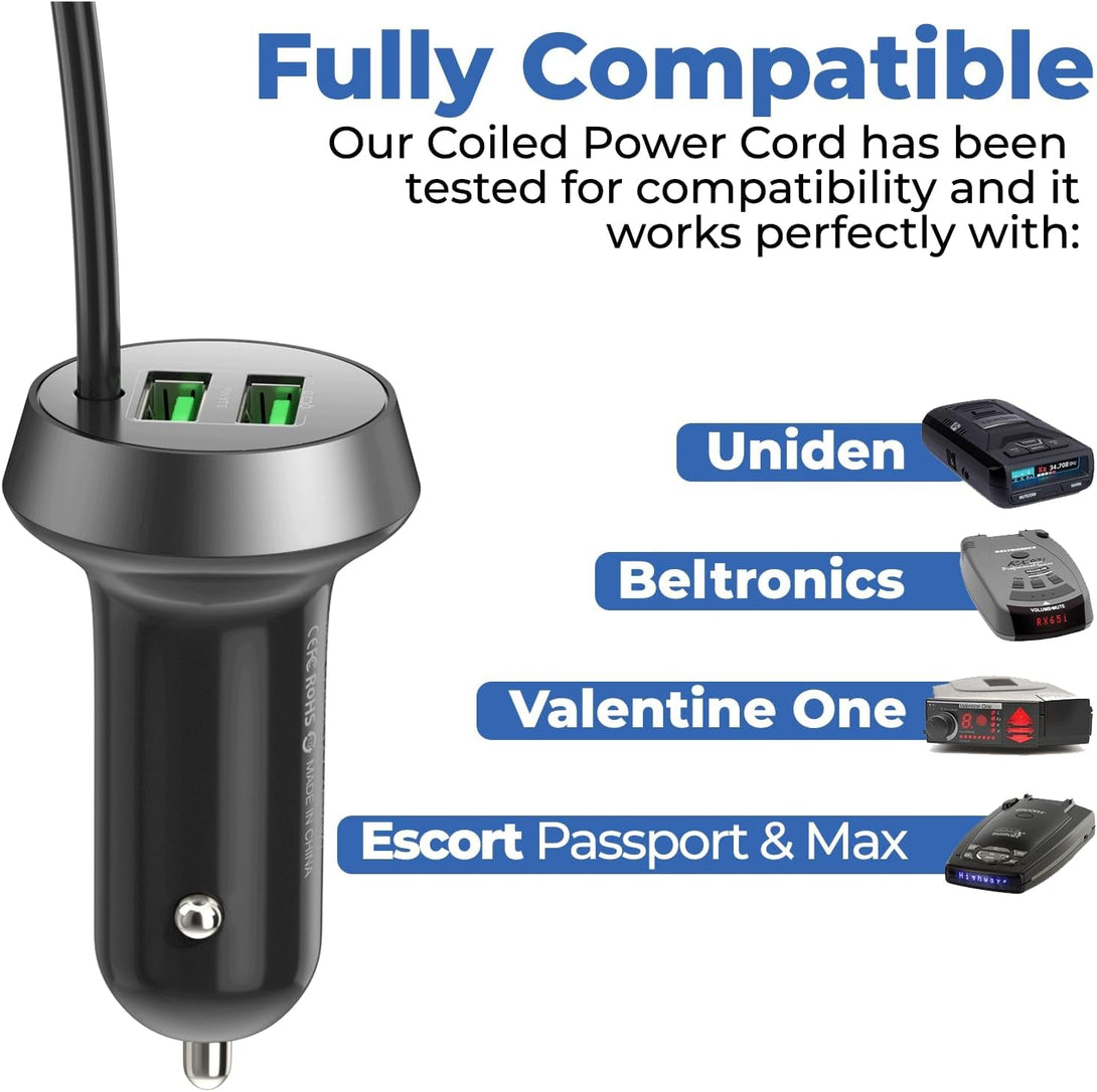 Radar Detector Power Cord with Dual USB Charger Ports - Replacement Power Adapter Compatible with Valentine One, Escort, Passport, Uniden R3/R4/R7/R8, and Beltronics Radar Detectors
