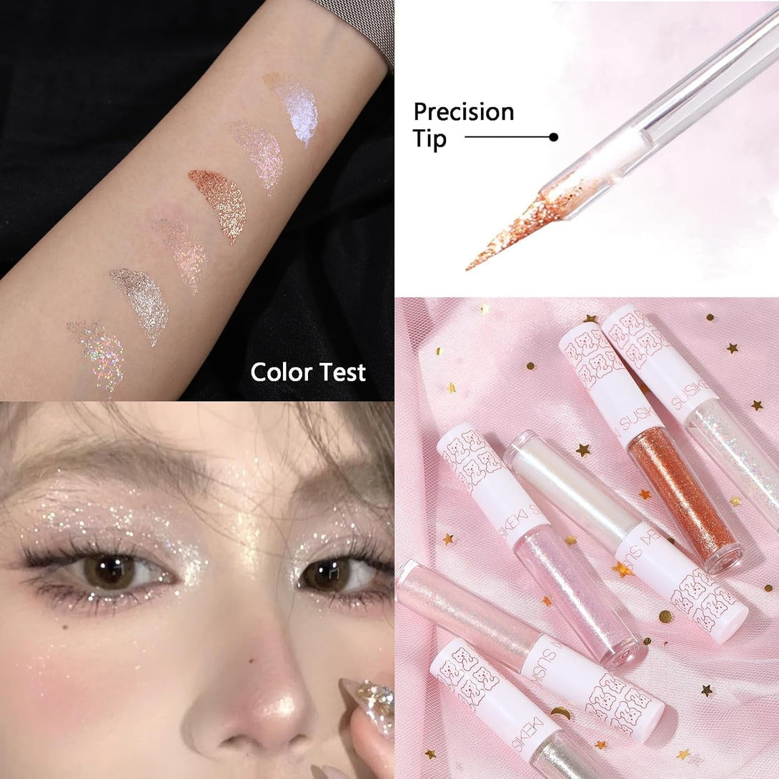 6Pcs Liquid Glitter Eyeshadow Eyeliner, Korean Makeup, Bling under Eye Shadow, Shimmer Eye Make up Valentine'S Gift Set,Long Lasting,Quick Drying & Pigmented Loose Glitter Glue for Crystals Makeup