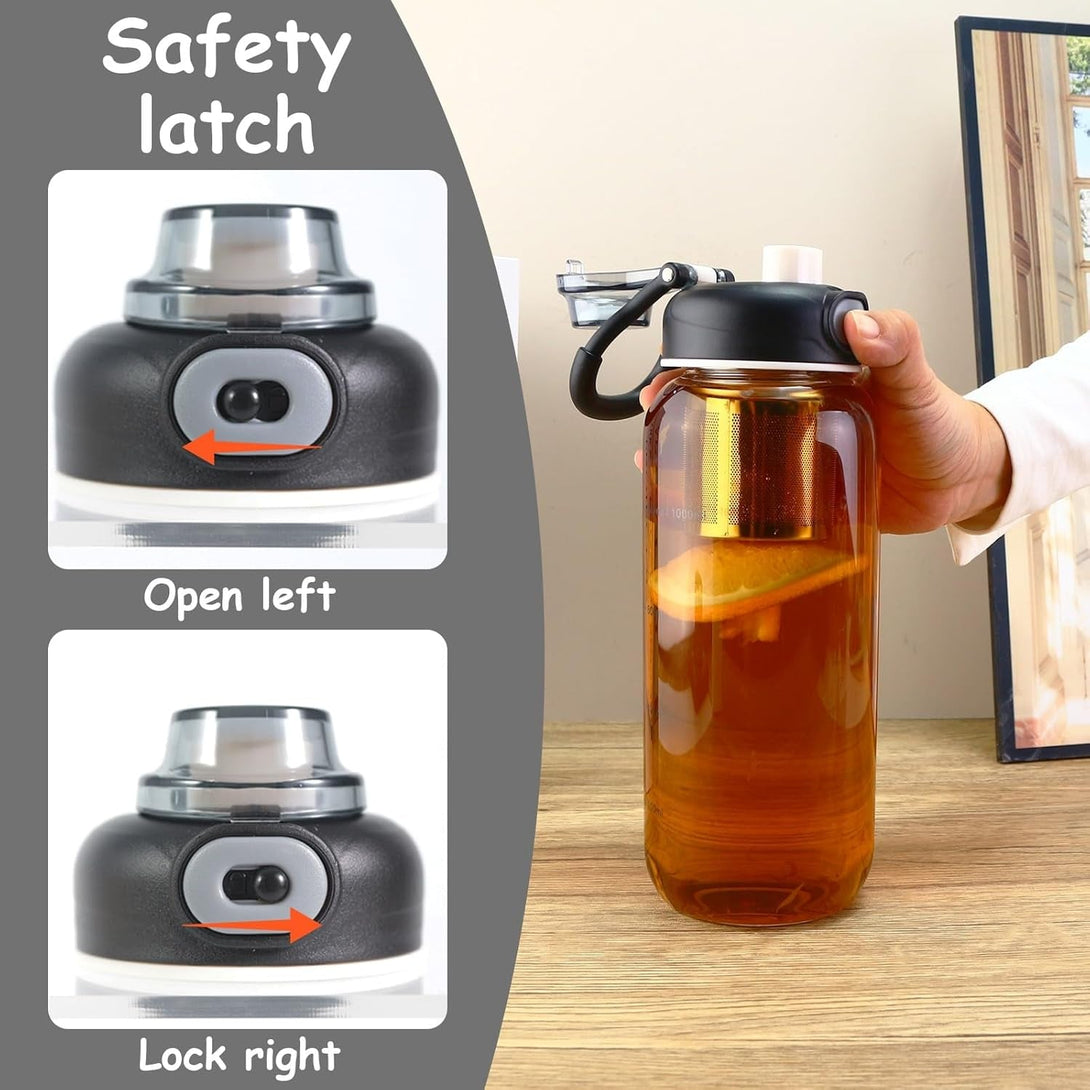 34Oz Glass Water Bottle - Large Capacity Drinking Bottles, with Time Mark, Stainless Steel Tea Strainer,Sleeve, BPA Free,For Hot or Cold Drinks, Coffee, Tea and Water (34Oz)
