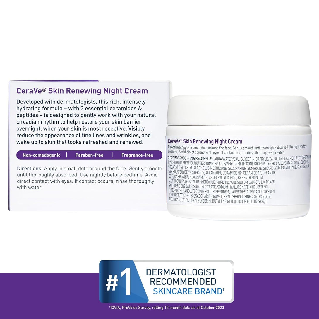 Cerave Skin Renewing Night Cream, Niacinamide, Peptide Complex, and Hyaluronic Acid Moisturizer for Face, 1.7 Ounce, Packaging May Vary