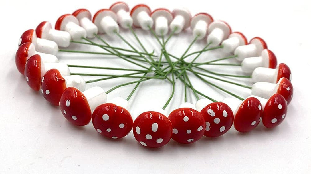 Aliotech 50 Pieces Mini Mushroom Miniatures Artificial Garden Fairy Bonsai Plant Pot Resin Craft Decoration for Home DIY Micro Landscape Decor (Red)