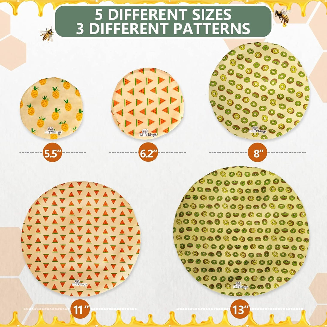Li'L Things Beeswax Bowl Covers – Reusable Food Wrap Set of 5 | Eco-Friendly, Sustainable, Washable & Breathable Covers for Bowls, Jars & Containers (XS/S/M/L/XL) | Fruity Fruit