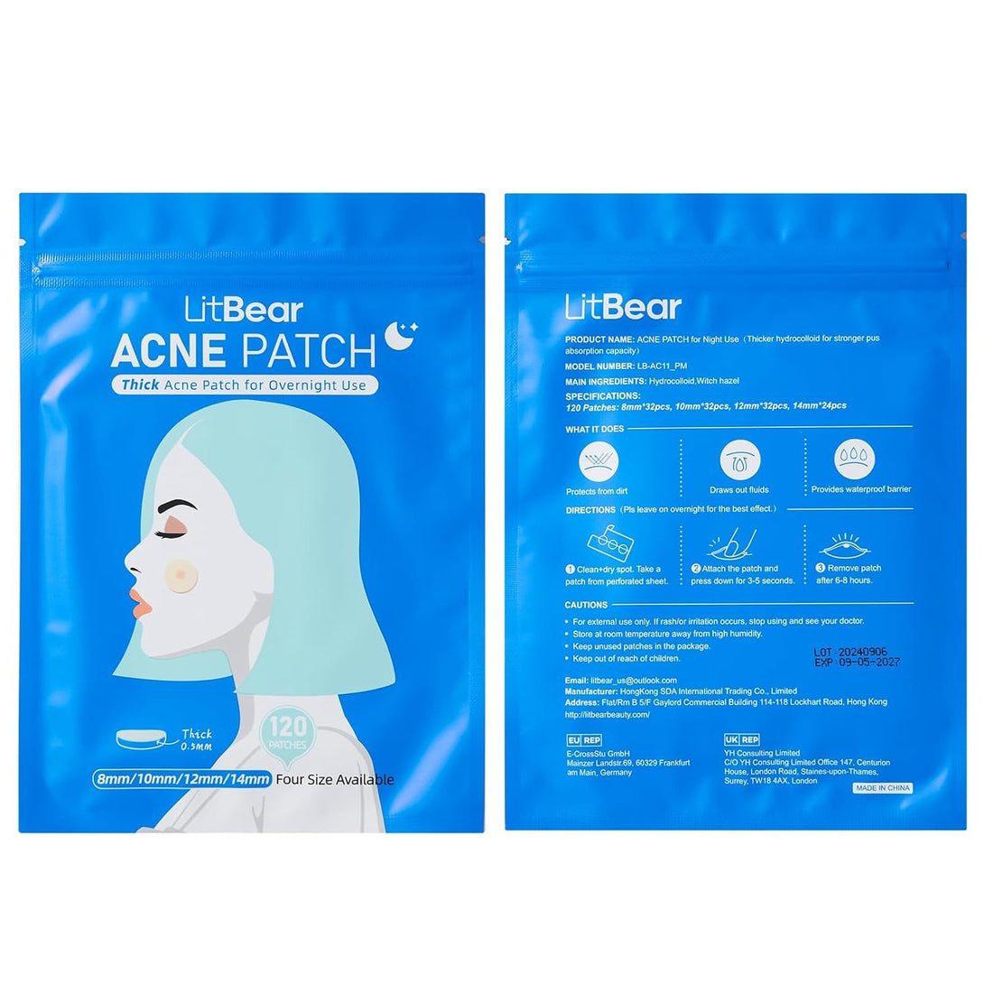 Litbear Acne Pimple Patches- Day and Night 4 Sizes 180 Dots Thin & Thick Hydrocolloid Patches with Witch Hazel, Tea Tree & Calendula Oil, Extra Adhesion for Face Zit Patch Dots