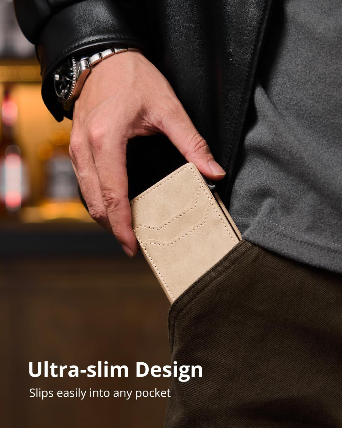 YESIIW Wallet for Men - Mens Wallet Slim with RFID Protection Pop up Card Holder Minimalist Wallets with ID Window Gifts for Men and Dad Light Beige