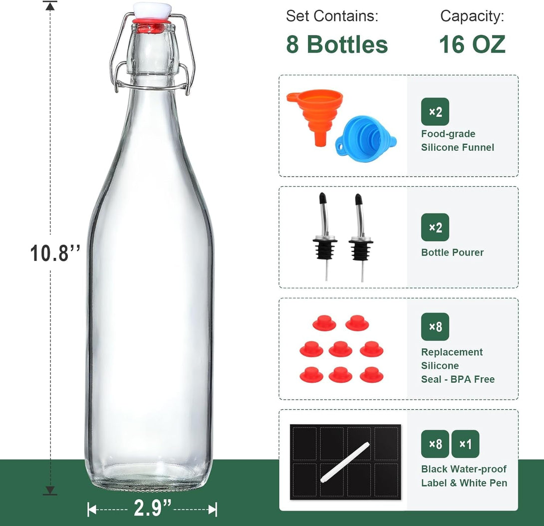 8 Set, 16 OZ Swing Top Glass Bottles - Flip Top Beer Brewing Bottles with Stopper for 2Nd Fermentation, Kombucha, Mead Kefir, Vanilla Extract, Juice, Tea, Wine - Airtight Cap Lids, Bonus 2 Pourers