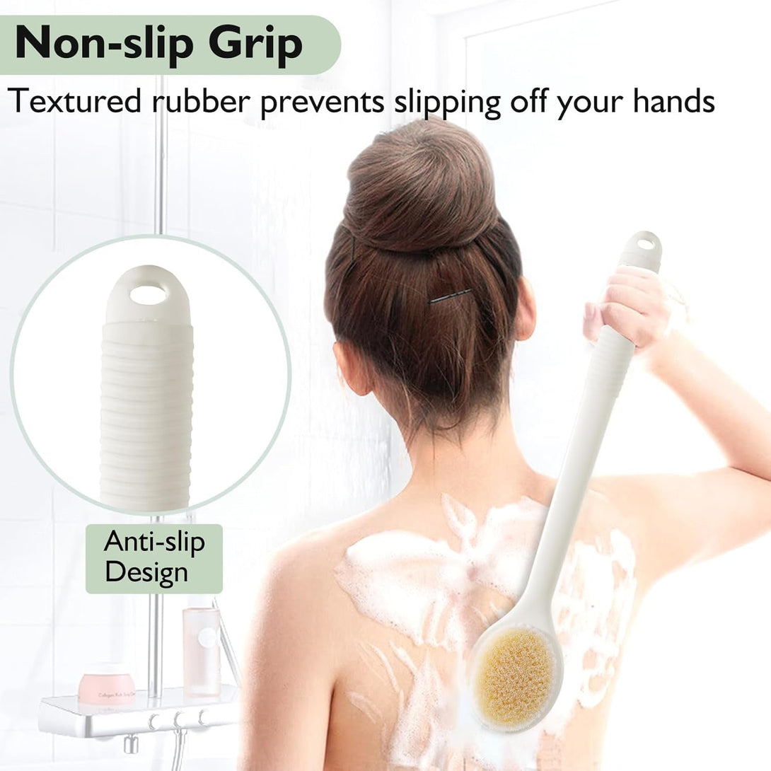 VANZAVANZU 17 Inch Back Scrubber for Shower, Anti-Slip Long Handle Shower Brush with Soft and Stiff Bristles, Exfoliating Bath Brush for Wet or Dry Brushing (Cream White)