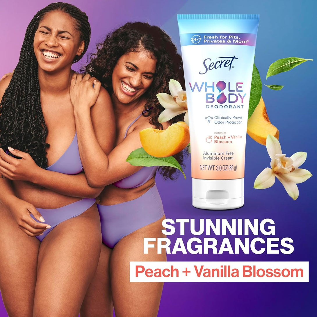Secret Whole Body Deodorant Cream for Women, Peach & Vanilla Blossom Scent, Aluminum Free Deodorant, 72 HR Odor Protection, 3.0 Oz
