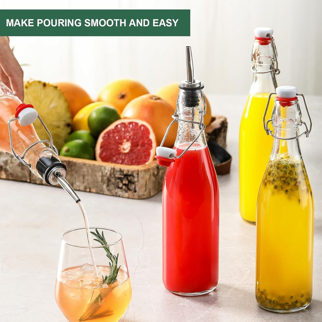 8 Set, 16 OZ Swing Top Glass Bottles - Flip Top Beer Brewing Bottles with Stopper for 2Nd Fermentation, Kombucha, Mead Kefir, Vanilla Extract, Juice, Tea, Wine - Airtight Cap Lids, Bonus 2 Pourers