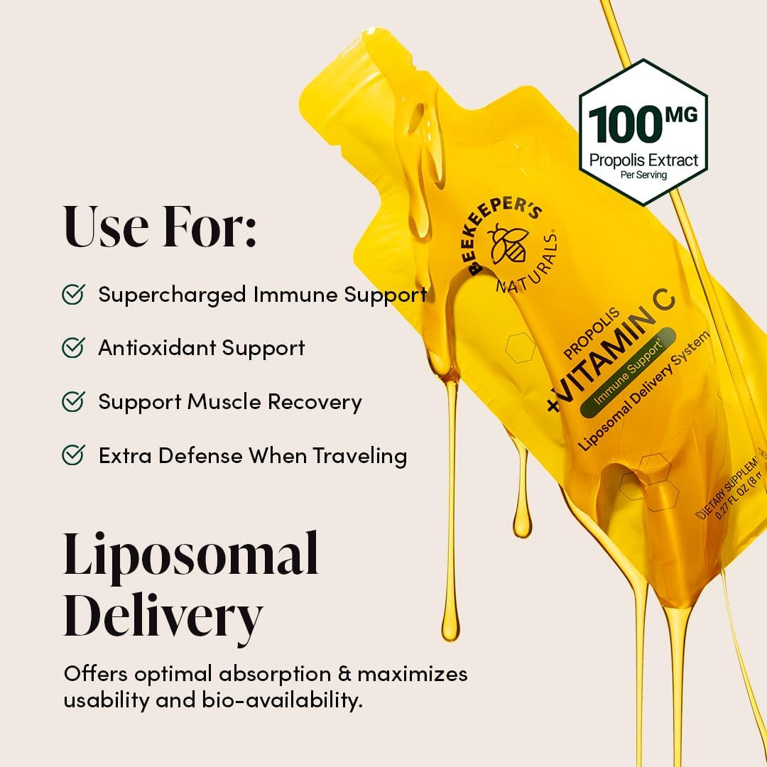 Propolis Liposomal Vitamin C by Beekeeper'S Naturals, 1000Mg Vitamin C, Propolis & Organic Honey, Supercharged Immune Support & Increased Bioavailibity for Max Absorption, 12 Ct