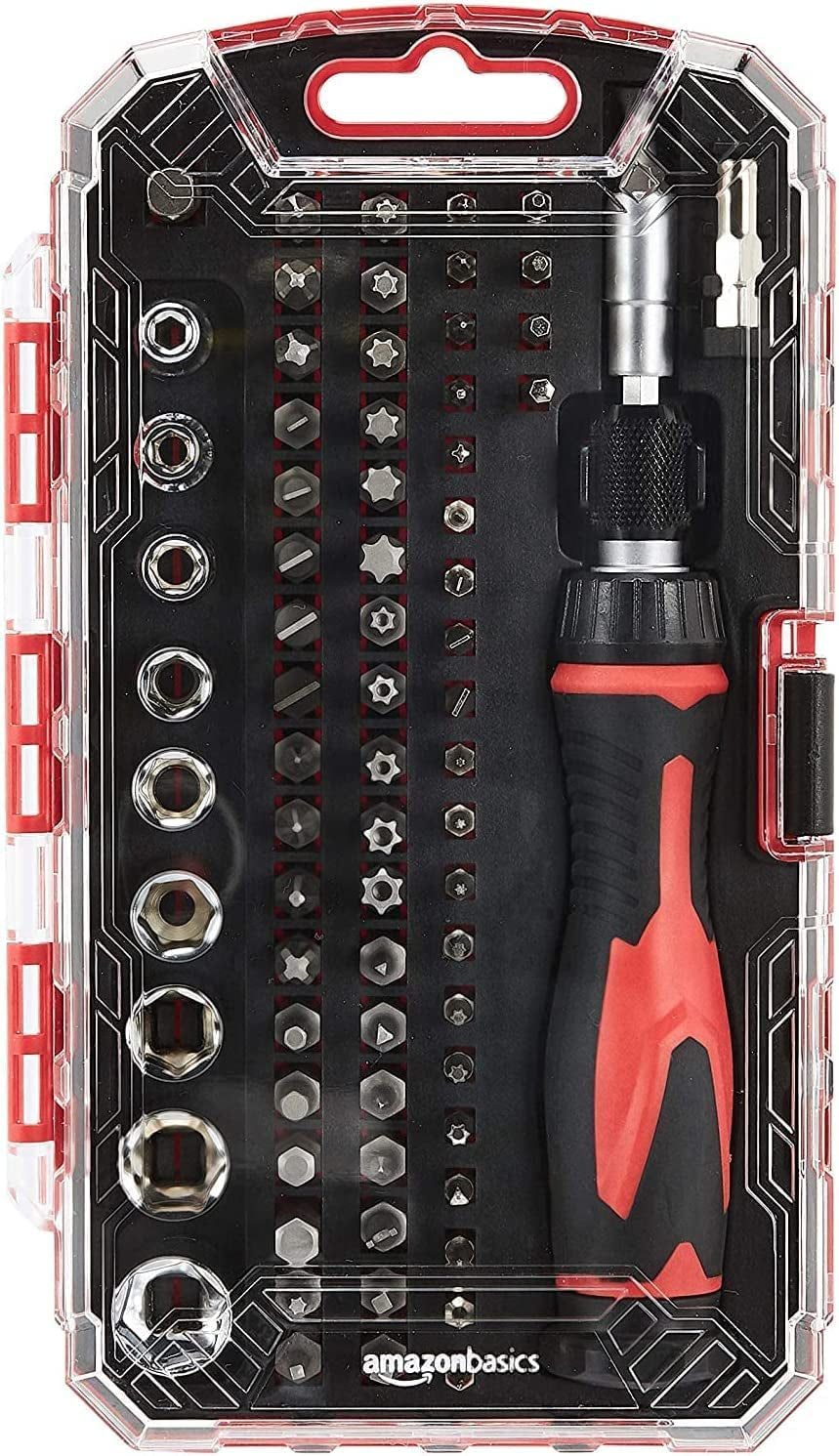 Amazon Basics Magnetic Ratcheting Wrench and Electronics Precision Screwdriver Set, 73 Count (Pack of 1), Black/Red/Silver