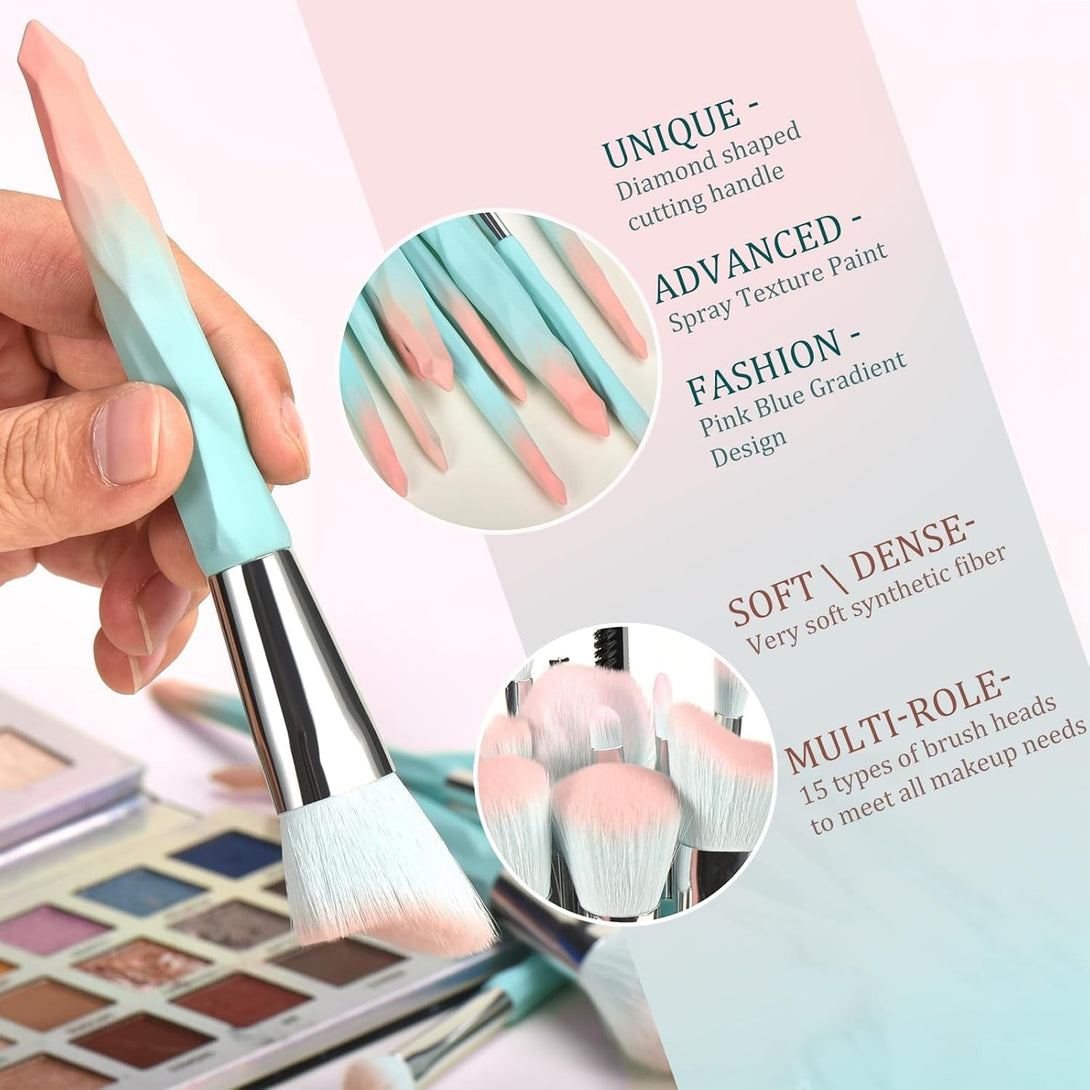 111 Pink Blue Gradient Makeup Brushes and Makeup Sponges Set 18Pcs/Set ，Soft Synthetic Fiber Makeup Brush Set，Suitable for Beginners/Makeup Artists, Valentine'S Day, Christmas Gifts
