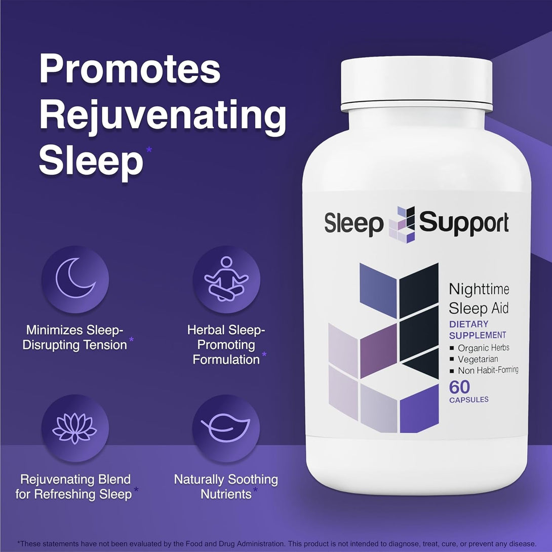 Sleepsupport - Natural Sleep Aid for Adults to Help Promote Calm and Relaxation - Organic Sleep Supplement with Ashwagandha, Valerian Root, Magnesium, Melatonin, Glycine, L-Tryptophan - 60 Capsules