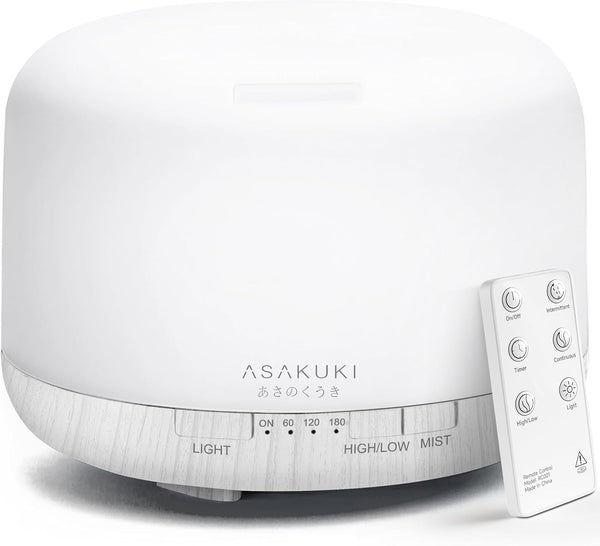 ASAKUKI 500Ml Premium Essential Oil Diffuser with Remote Control, 5 in 1 Ultrasonic Aromatherapy Fragrant Oil Humidifier Vaporizer, Timer and Auto-Off Switch (White)