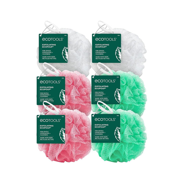 Ecotools Exfoliating Ecopouf, Shower Loofah Scrubs & Cleanses, Pouf with Recycled Netting, Exfoliation Removes Dead Skin, Eco-Friendly Bath Accessory, Cruelty-Free, Color May Vary, 6 Count (60G)
