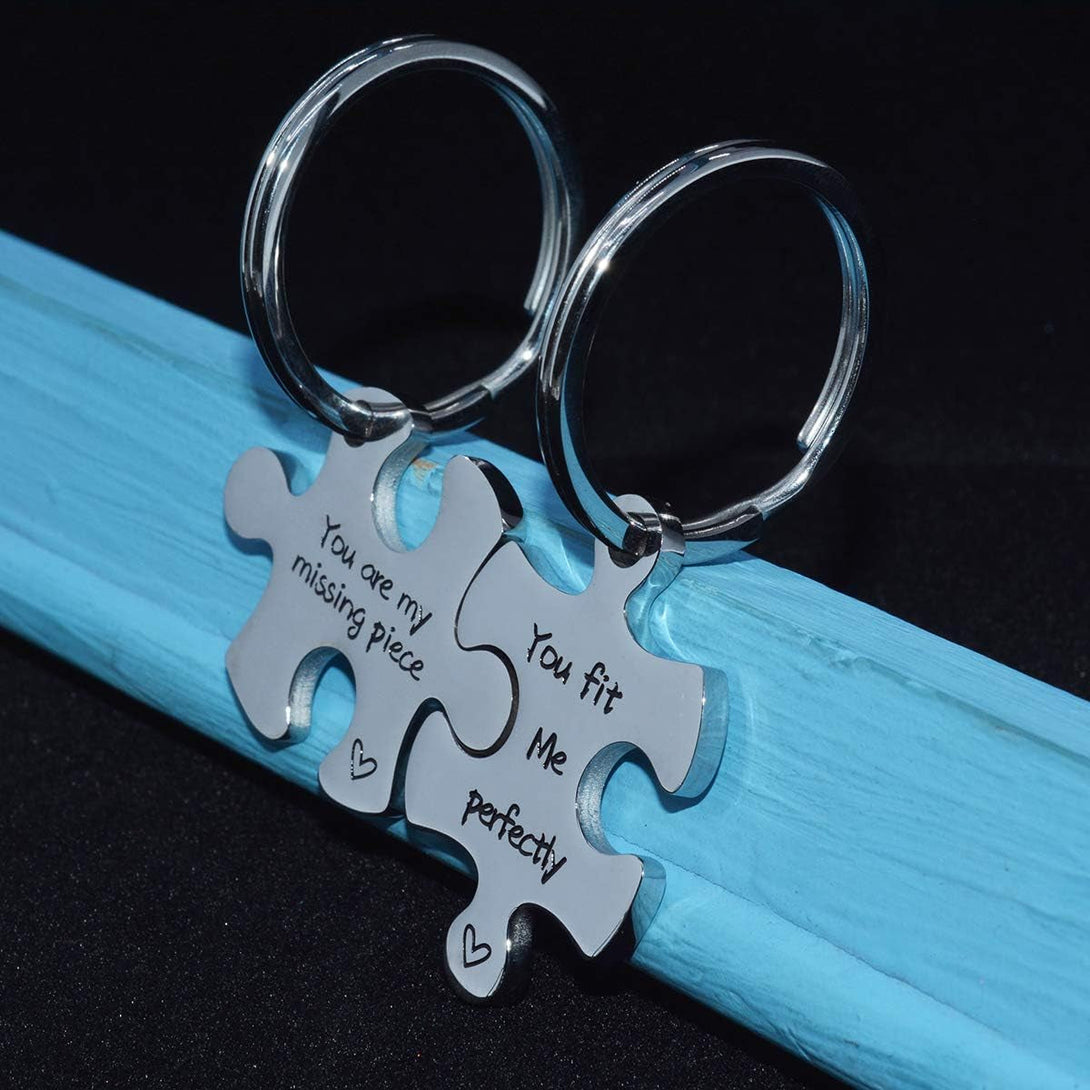 Valentine'S Day His and Hers Puzzle Piece Pendant Necklace Keychain Set Personalized Couples Stamped Chain Keyring