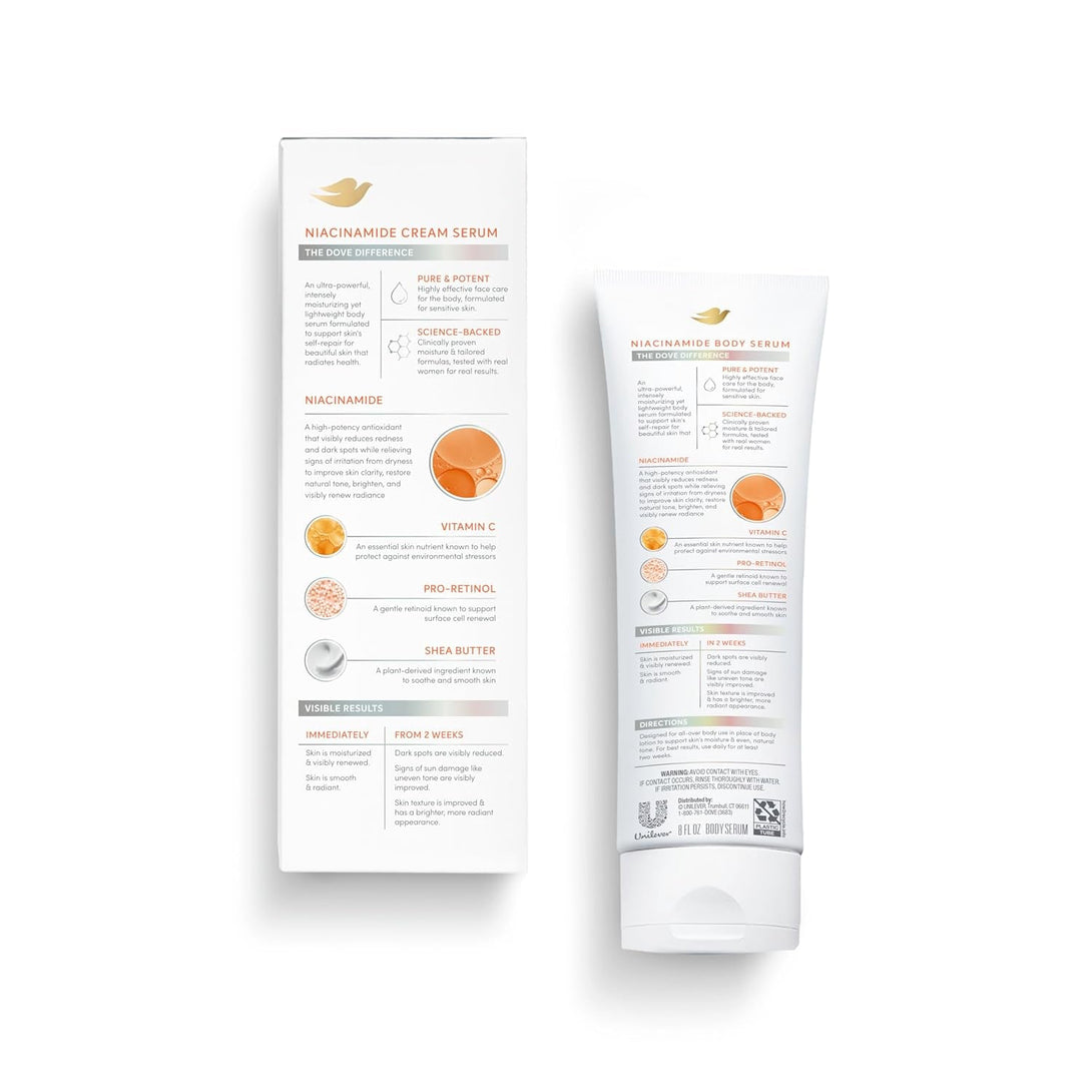 Dove Body Cream Serum Niacinamide + Even Tone for Dark Spots and Uneven Tone with Vitamin C, Pro-Retinol and Shea Butter Lotion, 8 Oz