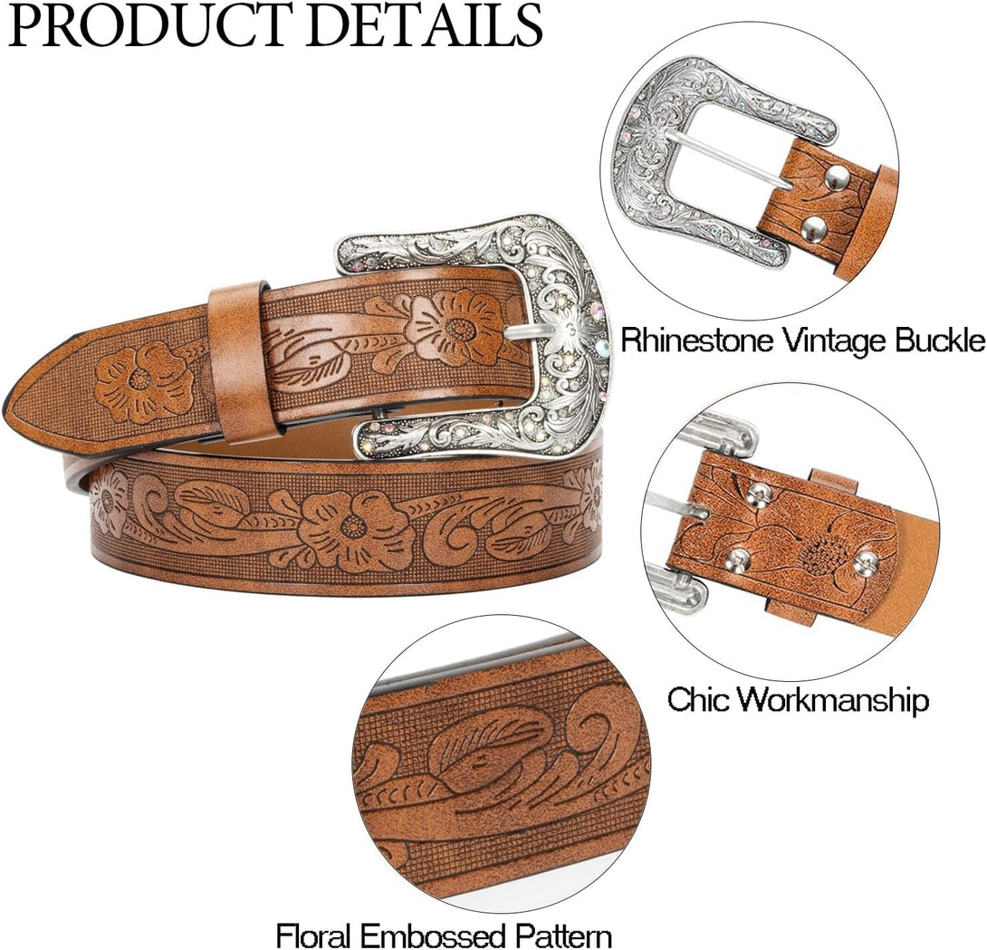 Western-Leather-Belts for Women Turquoise-Oval-Buckle Embossed Cowgirl Belt for Jeans Pants (Fit for 28-38" Waist)