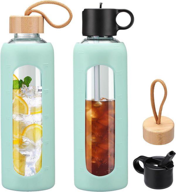 24Oz Glass Water Bottle with 2 Lids, Glass Tumbler with Silicone Sleeve, Drinking Bottles with Motivational Time Marker,1 Pack-Light Blue