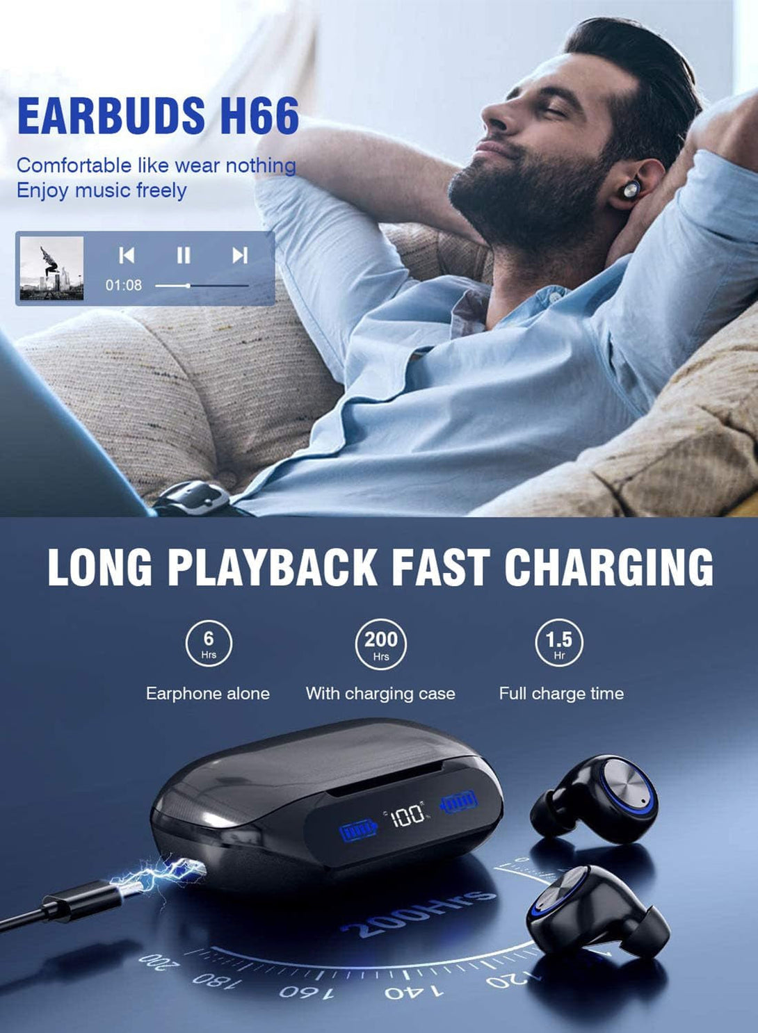 YIPUT Wireless Earbuds Bluetooth 5.3 Headphones 200 Hours Playtime with 2000Mah Charg Case,In Ear Headest Ip7Waterproof Noise Cancelling Built-In Mic,Premiu Bass LCD Display,For Sports/Working/Study.