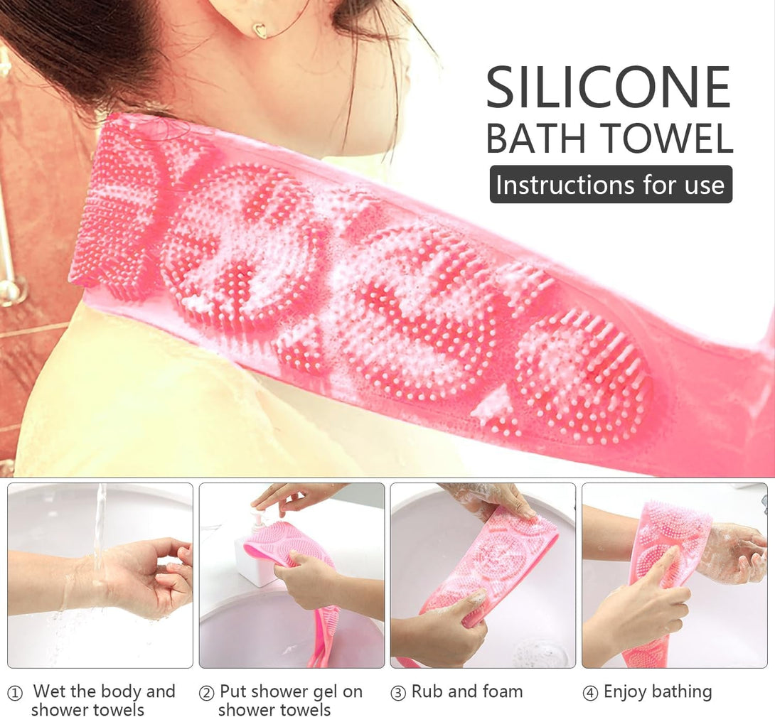 Back Scrubber for Shower,2 Pcs Silicone Back Scrubber for Shower, Silicone Exfoliating Bath Body Brush with Handle for Mens and Womens (Pink/Green)