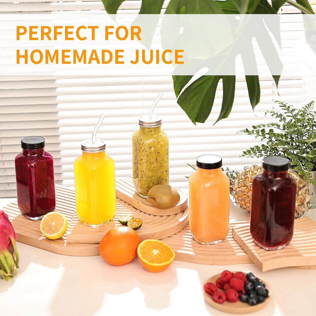 16 Pack 16 OZ Glass Juice Bottles with Airtight Lids & 4 Straws & 6 Lids W Hole, Reusbale Clear Glass Homemade Drinking Jars, Glass Bottles for Juicing, Smoothies, Water, Milk, Kombucha