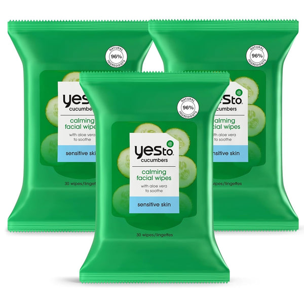 Yes to Face Wipes for Women and Men, Sensitive Facial Cleansing Wipes for Use as a Makeup Remover, Cleaning, Soothing, Cucumbers (Pack of 3)