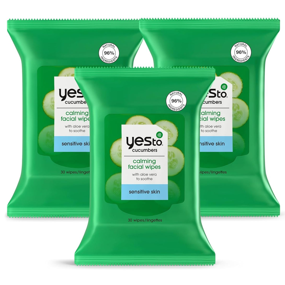 Yes to Face Wipes for Women and Men, Sensitive Facial Cleansing Wipes for Use as a Makeup Remover, Cleaning, Soothing, Cucumbers (Pack of 3)
