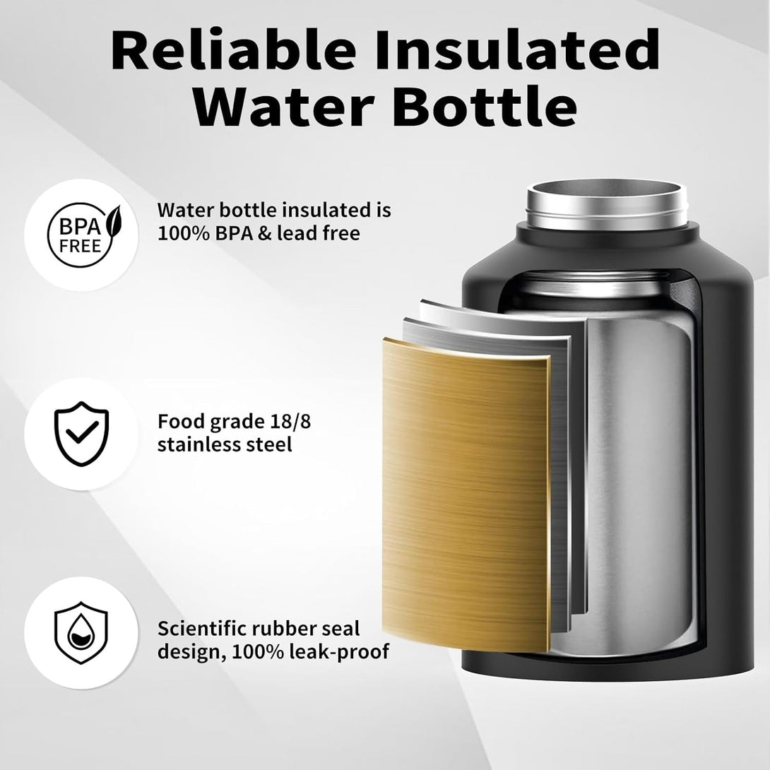 1 Gallon Water Bottle Insulated(Cold for 48 Hrs),Bpa Free&Leak Proof,128Oz Stainless Steel Water Jug,Big Thermo,Large Water Bottle with Handle for Gym,Hiking,Camping&Travel,Black