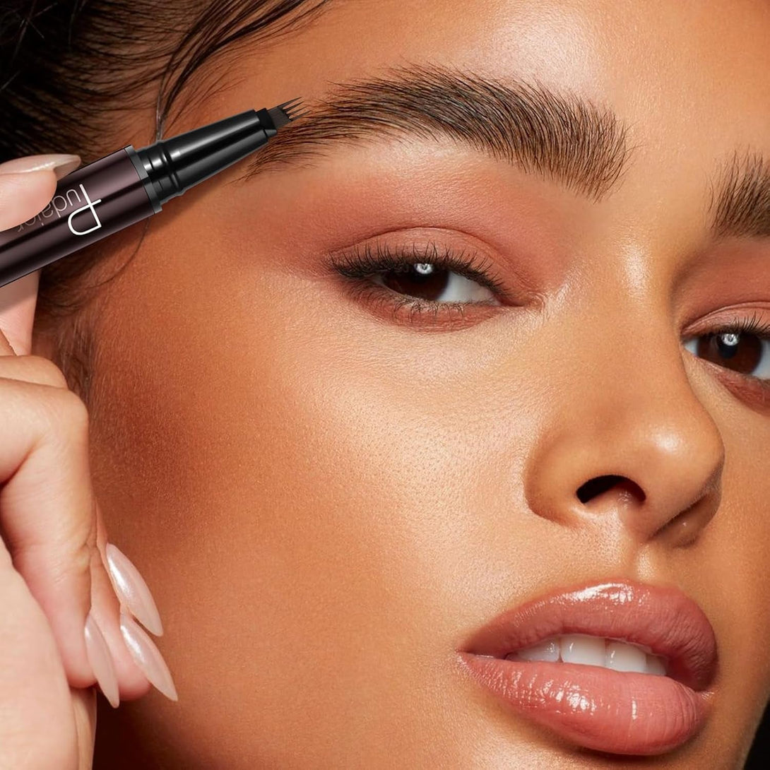 2-In-1 Curved Eyebrow Pen and Eyeliner with 10Pcs Brow Stencils, Microblading Eyebrow Pencil with 4 Fork-Tip and Curved Precise Tip, Waterproof and Long Lasting Eyebrow Pencils for Women, Dark Brown