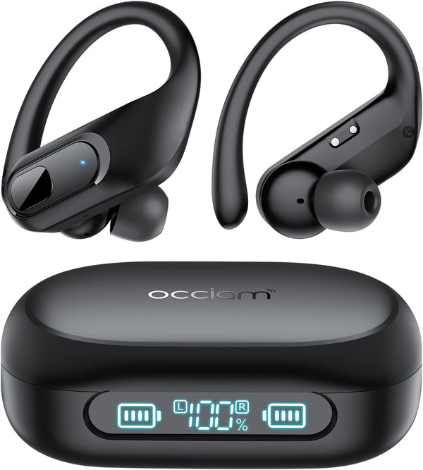 Occiam Wireless Earbuds Bluetooth Headphones Ear Buds 96Hrs Playback Sport Over-Ear Waterproof Wireless Headphones Earphones with Earhooks ENC Mics Clear Call for Sport Running Workout Black