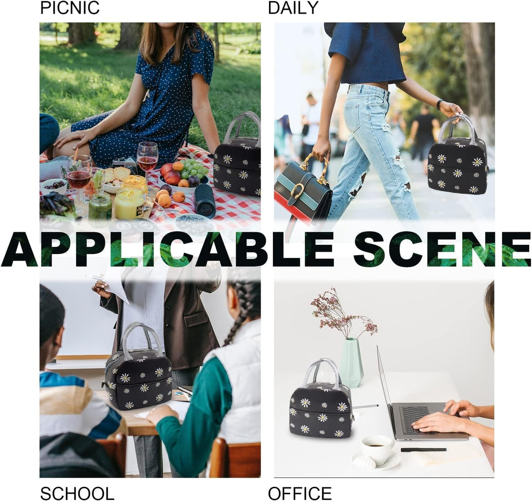 Sonuimy Insulated Lunch Bag Women, Reusable Cute Tote Lunch Box for Adult & Men, Leakproof Cooler Lunch Bags for Work Office Travel Picnic (Black with White Daisy)