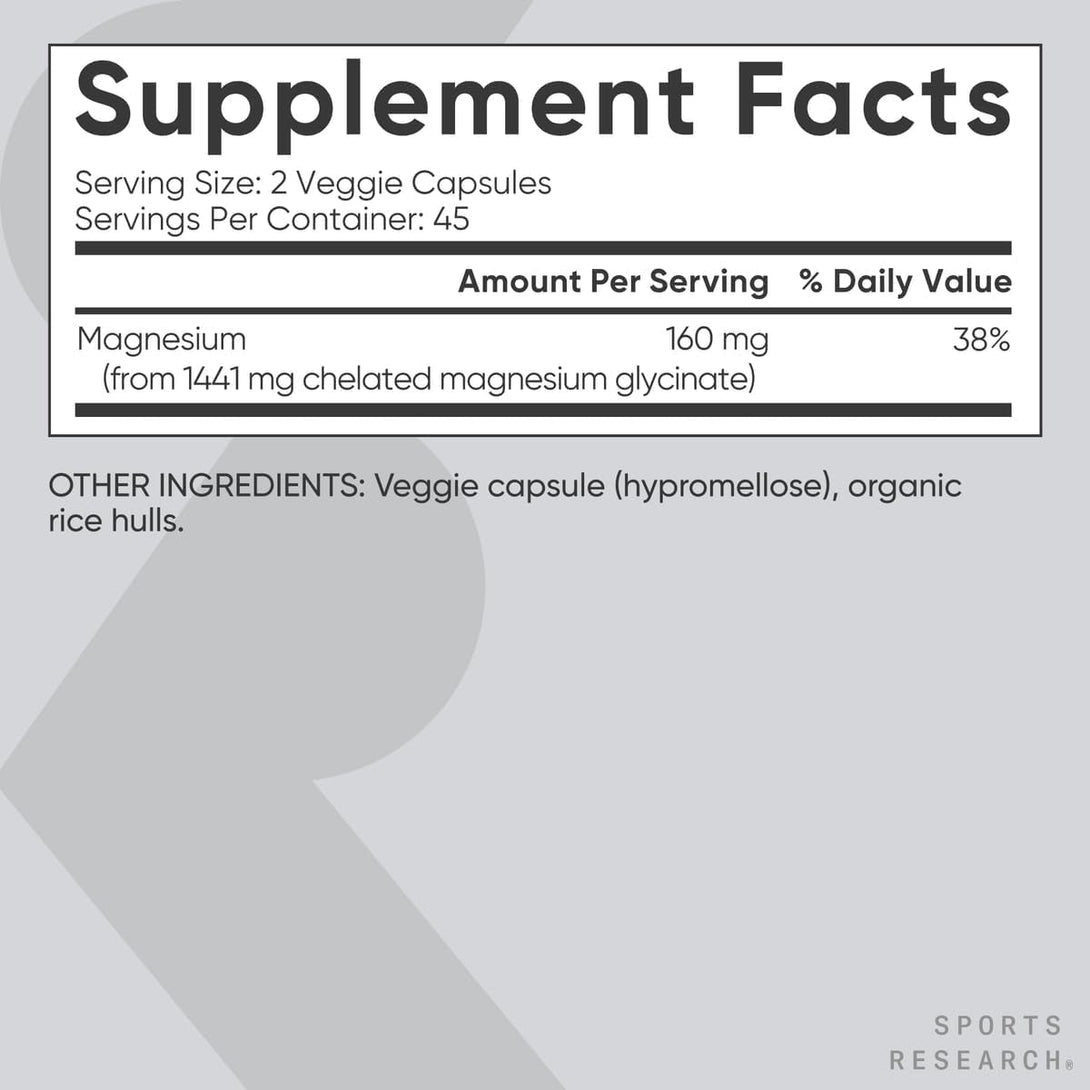 Sports Research® Magnesium Glycinate - Supports Restful Sleep & Enzymatic Processes - 160 Mg Chelated Magnesium - Vegan Capsule - 90 Count