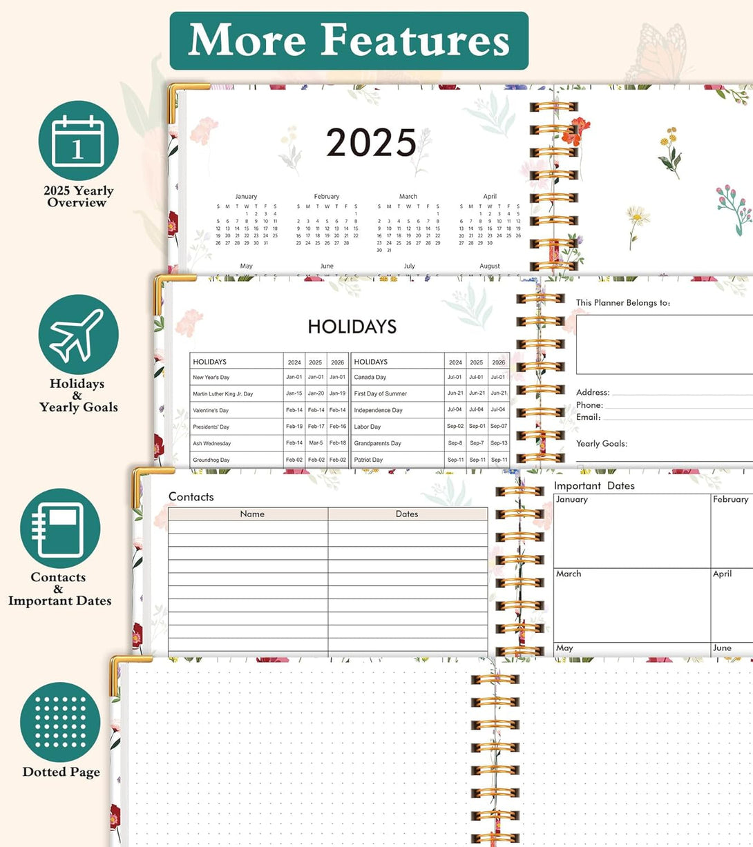 2025 Appointment Book, 2025 Academic Planner 18 Months Weekly and Monthly (January 2025 - June 2026), 8.5"X11" Daily Hourly Planner 60-Minute Time Slots, Spiral Calendar Schedule Book for Work Home School, Wildflower Garden